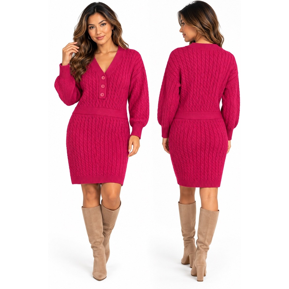 New York & Company Magenta Pink Cable Knit V-Neck Henley Sweater Dress Medium
